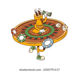 Personaje de la ruleta de casino groovy retro que sostiene el dinero, transmitiendo un tema de casino ganador con fichas de póquer y dados coloridos. Personaje de juego de Vector de dibujos animados aislado con un ambiente nostálgico vintage