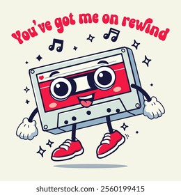 Retro groovy cassette for Valentine's Day. You’ve got me on rewind quote. Vector illustration. 