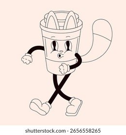 Personagem de gato groovy retro com cauda na forma de uma xícara descartável no estilo de arte de linha. Mascote de desenho animado andando com orelhas. Ilustração desenhada à mão isolada em um fundo claro.