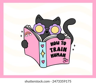 Retro Groovy cat reading book how to train human funny sticker vibrant and bold cartoon doodle drawing.