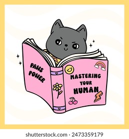 Retro Groovy cat reading book to control human funny sticker vibrant and bold cartoon doodle drawing.