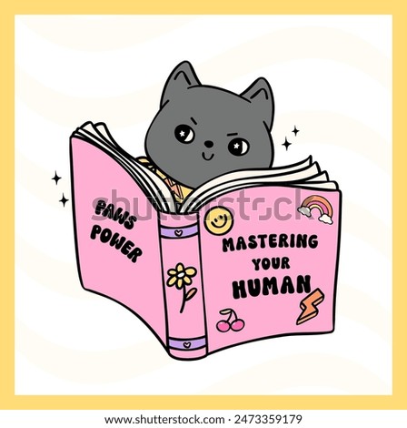 Retro Groovy cat reading book to control human funny sticker vibrant and bold cartoon doodle drawing.