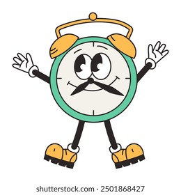 Retro groovy character alarm clock. Funny vintage mascot vector element. Stationery. Education, school. Cartoon illustration