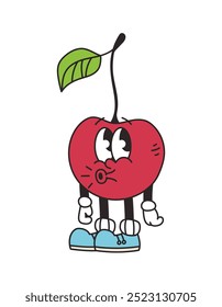 Retro groovy Charakter Kirsche. Lustiges Vintage-Maskottchen-Vektorelement. Essen, Obst. Cartoon, Vektorgrafik