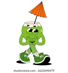 Cocktail de noix de coco au caractère rétro. Boisson de marche funky avec le visage mignon. illustration vectorielle d'été Vintage années 70, style années 80 sur fond blanc
