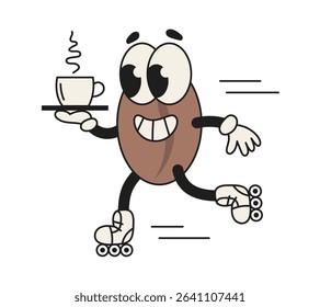 Retro groovy character coffee bean riding roller skates. Vintage isolated vector illustration
