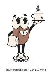 Retro groovy character coffee bean waiter standing with cup of hot coffee on tray. Vintage isolated vector illustration