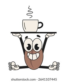 Retro groovy character coffee bean sits in splits with cup of coffee on tray. Vintage isolated vector illustration