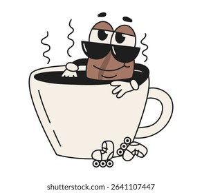 Retro groovy character coffee bean sits in cup with hot coffee. Vintage isolated vector illustration