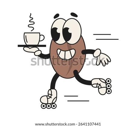 Retro groovy character coffee bean riding roller skates. Vintage isolated vector illustration