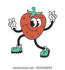 Retro groovy character dancing strawberry. Funny vintage mascot vector element. Food, fruits. Cartoon vector illustration