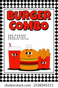 Retro groovy character fast food poster. Vintage mascot burger, french fries, drink with psychedelic smile, emotion. Burger combo. Funky vector illustration