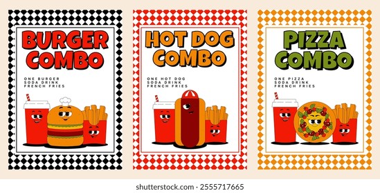 Retro groovy character fast food posters set. Vintage mascot burger, pizza, hot dog, french fries and drink with psychedelic smile and emotion. Funky vector illustration