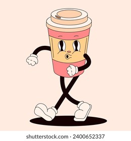 Retro groovy character in the form of a disposable cup. Walking cartoon masco. Hand drawn vector illustration isolated on a peach background.