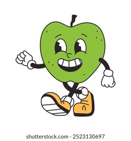 Manzana verde de carácter groovy retro. Elemento de Vector de mascota vintage divertido. Comida, fruta. Ilustración vectorial de dibujos animados