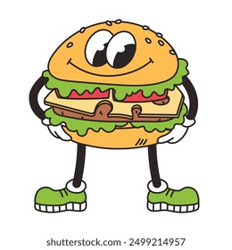 Retro groovy carácter feliz hamburguesa. Divertido elemento de Vector de mascota vintage comida. Comida chatarra. Ilustración de dibujos animados