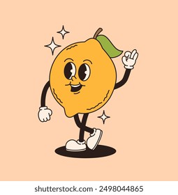 Retro groovy character lemon. Vector flat illustration.