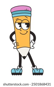Retro groovy character pencil. Funny vintage mascot vector element. Stationery. Education, school. Cartoon illustration