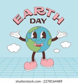 Retro groovy character planet Earth with the inscription Earth Day. Vector illustration, editable stroke