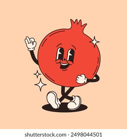 Retro groovy character pomegranate. Vector flat illustration.