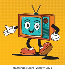 Personaje retro groovy, historieta psicodélica en televisión. Ilustración vectorial