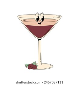 Retro groovy character summer cocktail. Cute alcohol beverage Tini espresso martini. Vintage vector illustration 70s, 80s style