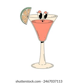 Retro groovy character summer cocktail. Cute alcohol beverage cosmopolitan. Vintage vector illustration 70s, 80s style
