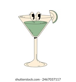 Retro groovy character summer cocktail. Cute alcohol beverage Apple Martini. Vintage vector illustration 70s, 80s style