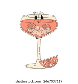 Cóctel de verano de carácter retro. Lindo alcohol bebida rosa toronja spritz. Ilustración vectorial Antiguas estilo años 70, 80