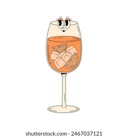 Retro groovy character summer cocktail. Cute alcohol beverage Aperol spritz. Vintage vector illustration 70s, 80s style