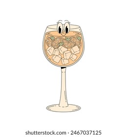 Retro groovy character summer cocktail. Cute alcohol beverage limoncello spritz. Vintage vector illustration 70s, 80s style