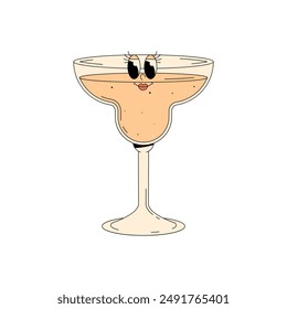 Retro groovy character summer cocktail. Cute alcohol beverage daiquiri. Vintage vector illustration 70s, 80s style on transparent background