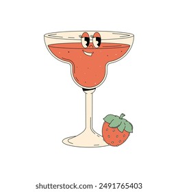 Retro groovy character summer cocktail. Cute alcohol beverage strawberry margarita. Vintage vector illustration 70s, 80s style on transparent background