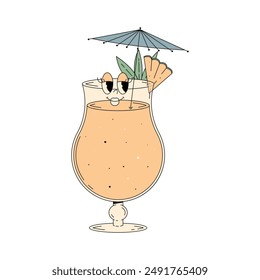 Retro groovy character summer cocktail. Cute alcohol beverage Pina colada. Vintage vector illustration 70s, 80s style on transparent background