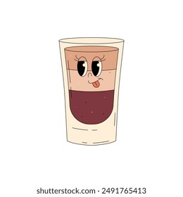 Retro groovy character summer cocktail. Cute alcohol beverage B52. Vintage vector illustration 70s, 80s style on transparent background