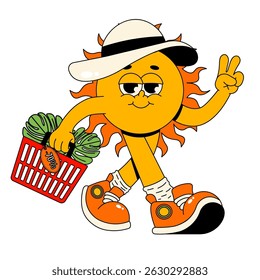 Retro groovy character sun. Funky walking sun in hat with face, hands and legs and shopping basket. Isolated element for store sale, promotion. Flat vector illustration on white background