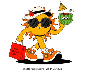 Retro groovy character sun. Funky walking sun in hat, sunglasses with cocktail and shopping bag. Isolated element for sale, promotion. Flat vector illustration on white background