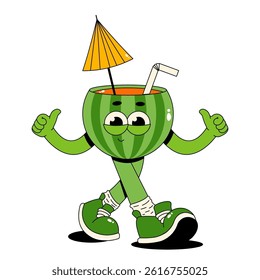 Retro groovy character watermelon cocktail. Funky walking drink with cute face. Vintage summer vector illustration 70s, 80s style on white background