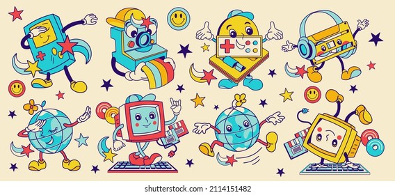  Retro Groovy characters, emoticons, computers, retro photo camera, gaming tools. Nostalgia 70's stickers, badges, isolated elements.