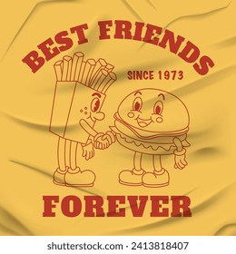 Retro groovy characters on wrinkled paper, psychedelic cartoon hamburger and french fries.  Vector Illustration