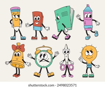 Retro groovy characters set. Back to school. Funny vintage mascot, vector elements, school objects. Cartoon vector illustration