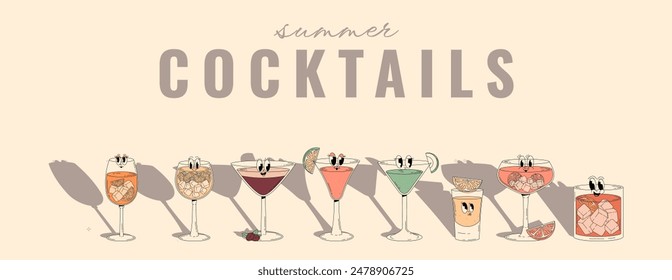 Retro groovy characters summer cocktails. Banner with cute alcohol beverage aperol spritz, negroni, tequila, cosmopolitan and other. Vintage vector illustration 70s, 80s style