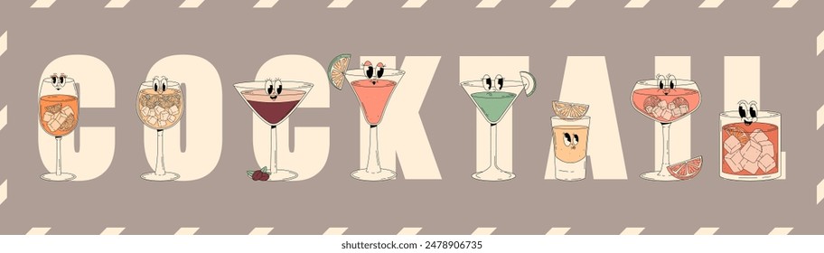 Retro groovy characters summer cocktails. Banner with cute alcohol beverage aperol spritz, negroni, tequila, cosmopolitan and other. Vintage vector illustration 70s, 80s style