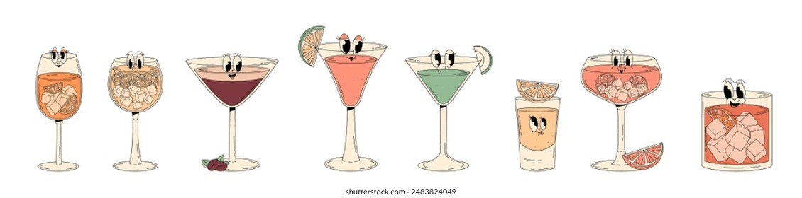 Retro groovy characters summer cocktails. Set of cute alcohol beverage aperol spritz, negroni, tequila, cosmopolitan and other. Vintage vector illustration 70s, 80s style