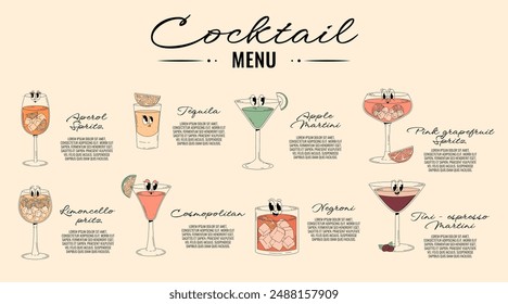 Retro groovy characters summer cocktails. Menu with cute alcohol beverage. Vector illustration for bar, pub, club