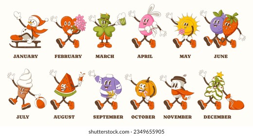 Retro groovy characters, symbol months of year. Snowman, heart, trefoil, easter egg, sun, berries, cup of coffee, ice cream, watermelon, sweater, pumpkin, christmas tree. Cartoon vector stickers set