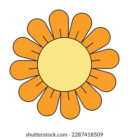 Retro groovy charm chamomile. Hippie daisy flower head. Positive and upbeat vibe of hippy movement. Vintage cartoon plant nostalgia. Trendy y2k funky floral pop culture design. Vector isolated element