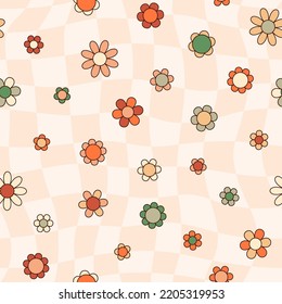 Retro Groovy Checkerboard and Daisy Flowers Seamless Pattern. Floral Vector Background in 70s Hippie Style for Print on Textile, Wrapping Paper, Web Design and Social Media. Pink and Orange Colors.