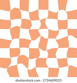 Retro groovy checkered background in orange. Hippie summer 70s wallpaper. Psychedelic checkerboard pattern.