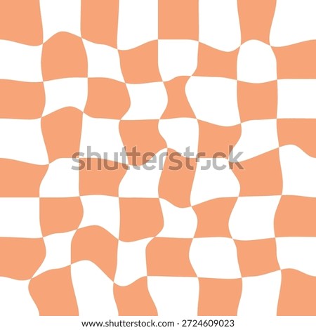 Retro groovy checkered background in orange. Hippie summer 70s wallpaper. Psychedelic checkerboard pattern.